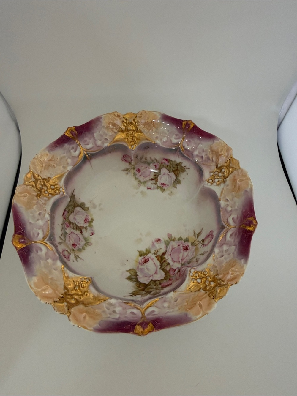Antique Rose Iridescent Porcelain Floral Centerpiece Bowl 10.5”